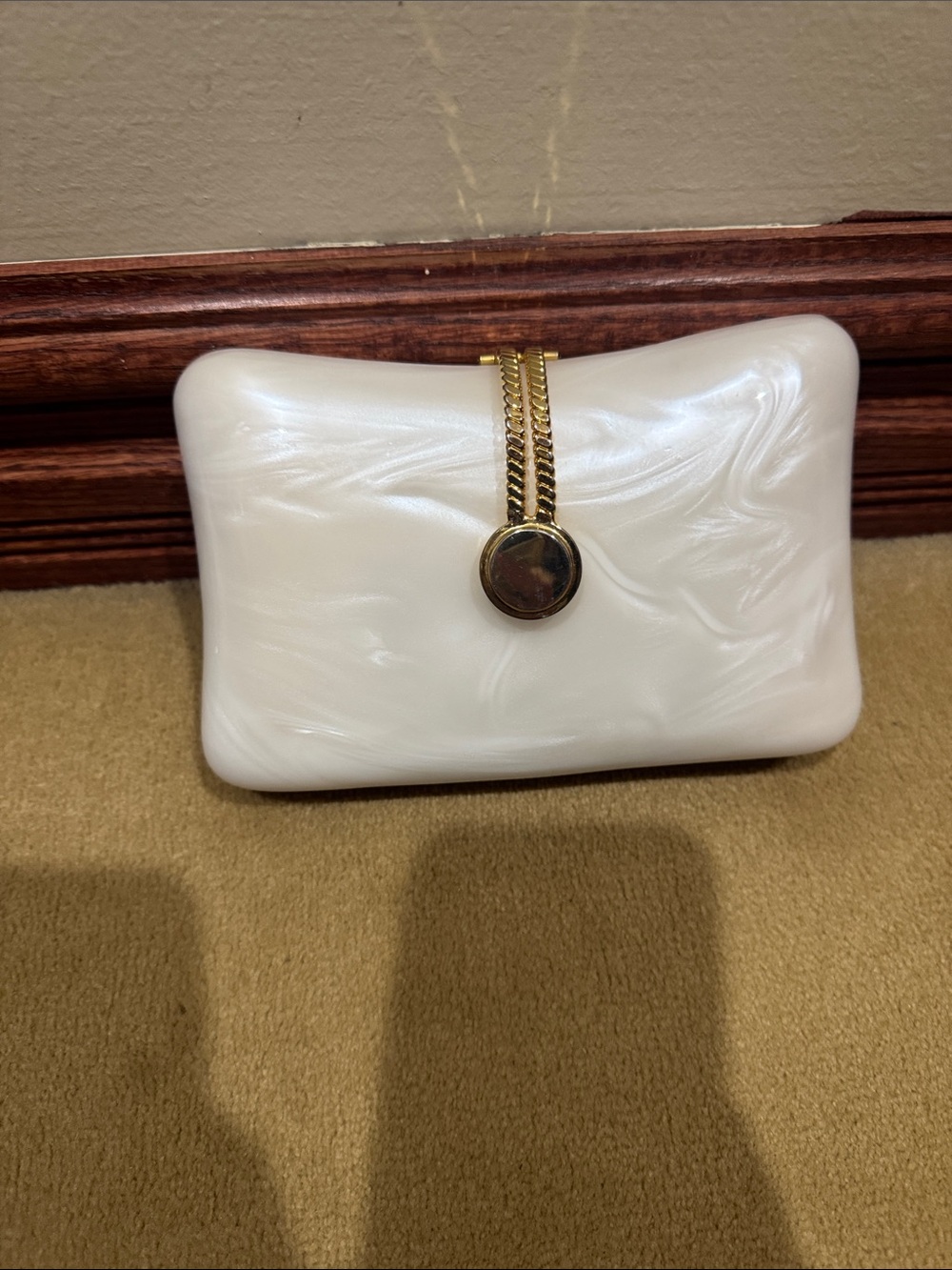 Pearlescent White Evening Clutch with Gold Chain